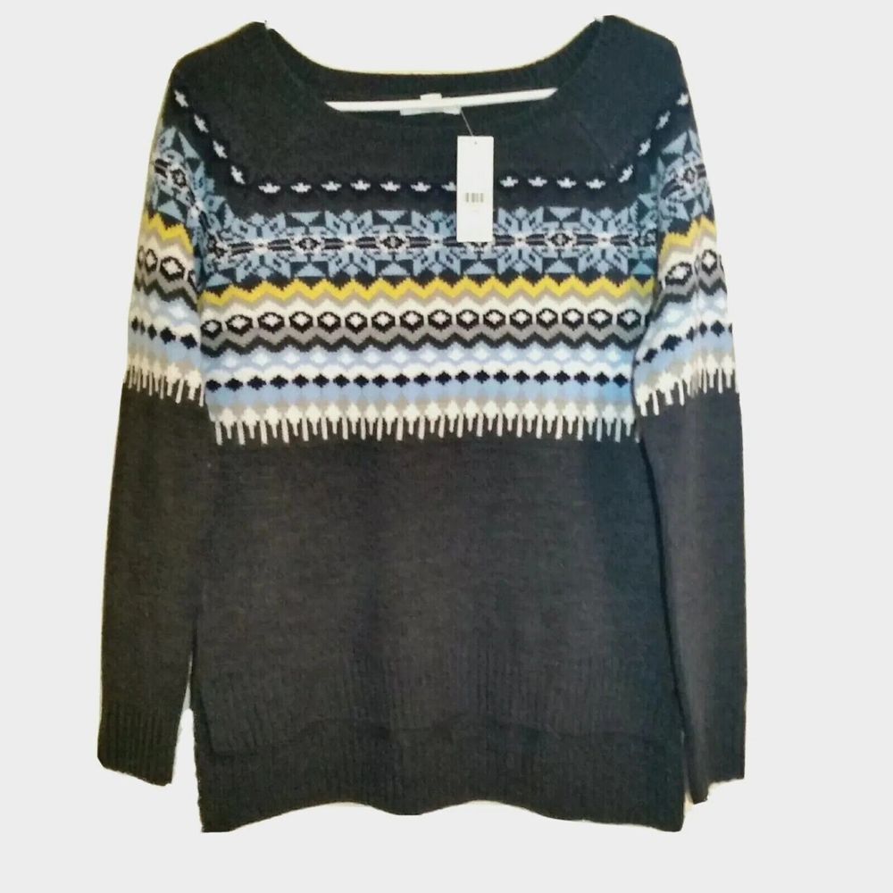 New‎ York & Company Fair Isle Sweater Sz XS Snowflake Ski Gray Blue
